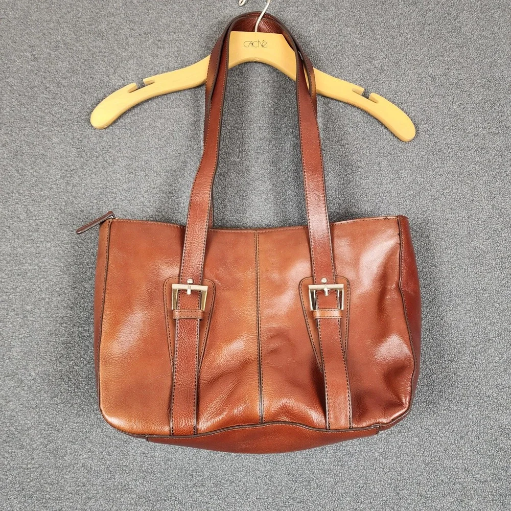 Etienne Aigner Cognac Brown Leather Tote Shoulder Bag Buckle‎ Detail 86545